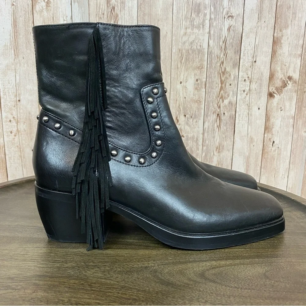Sam‎ Edelman Bernie Leather Fringe Studded Black Booties Size 6 Women